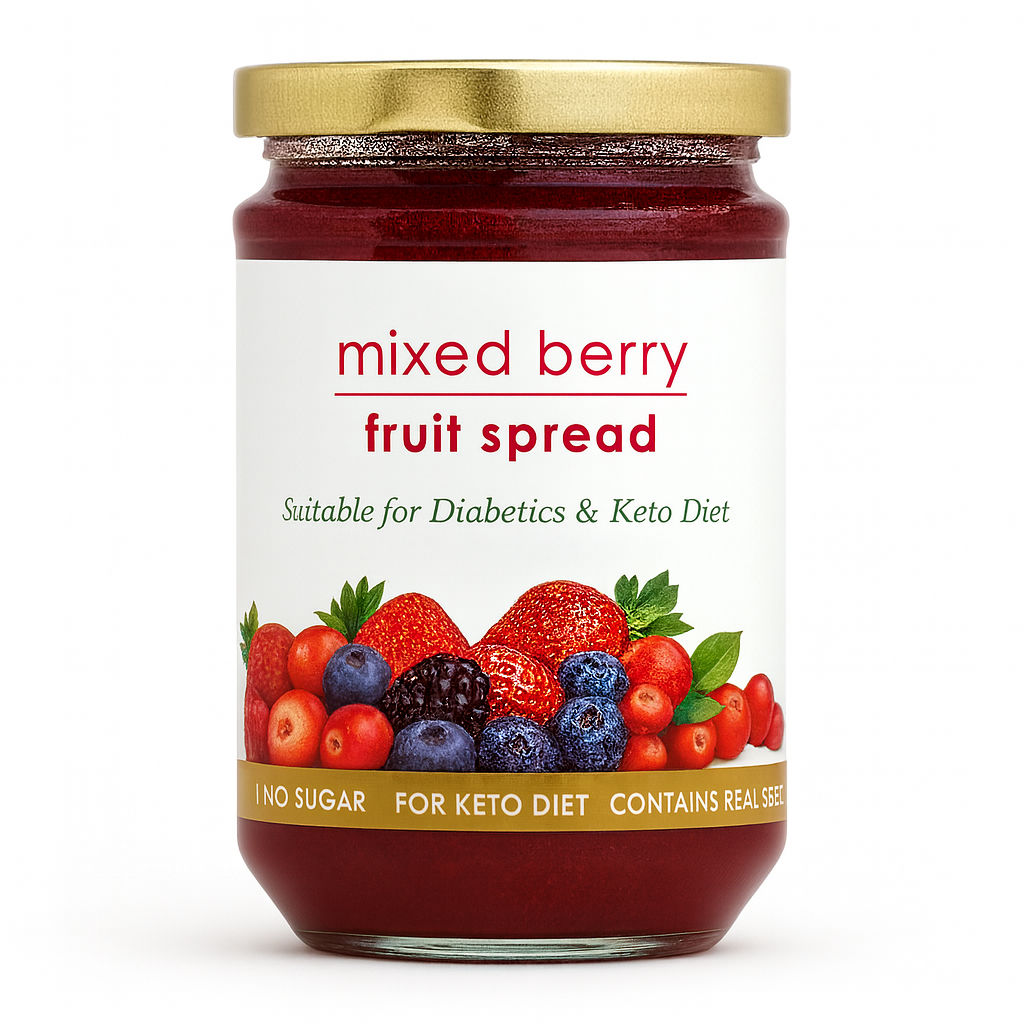Mixed berry fruit spread jar with strawberries, blueberries, raspberries, and blackberries.