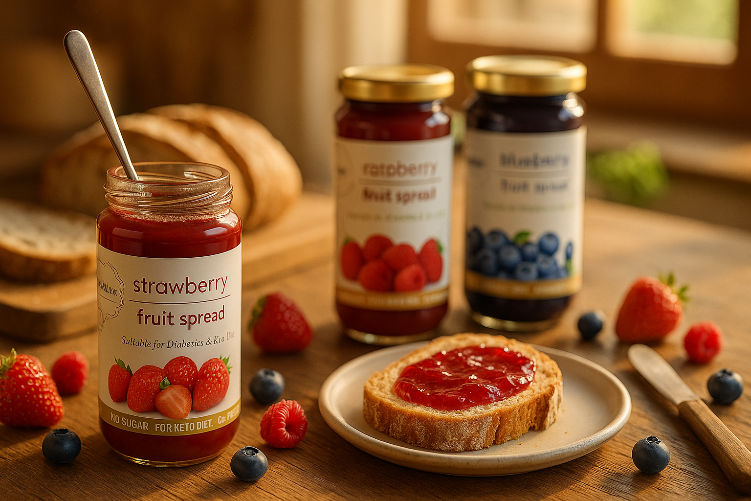 FreshMax strawberry, raspberry, and blueberry fruit spreads on a wooden breakfast table with bread, fresh berries, and warm morning light.