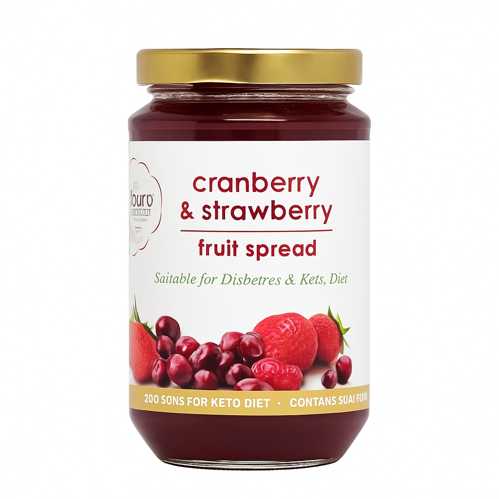 Cranberry and strawberry fruit spread jar with fresh berries.