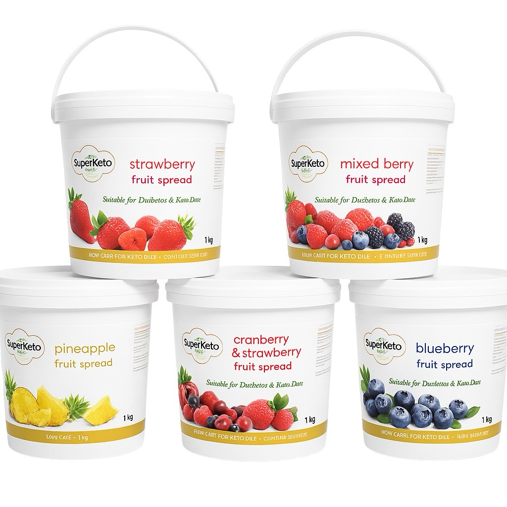 Five 1kg SuperKeto fruit spread buckets – strawberry, mixed berry, pineapple, cranberry & strawberry, and blueberry – keto-friendly and no sugar added.
