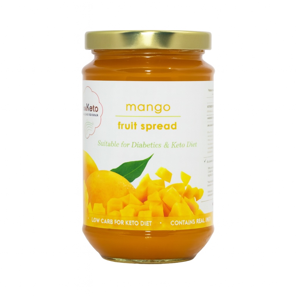 Mango fruit spread jar with fresh mango pieces.