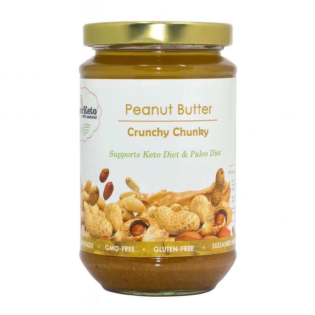 Crunchy chunky peanut butter jar with roasted peanuts.