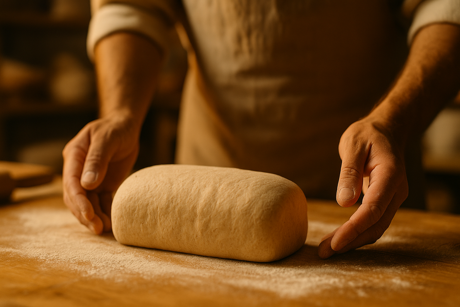 German baker shaping fresh sourdough loaf by hand in Bali bakery