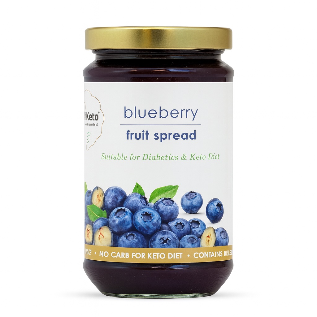Blueberry fruit spread jar with fresh blueberries on a white background.