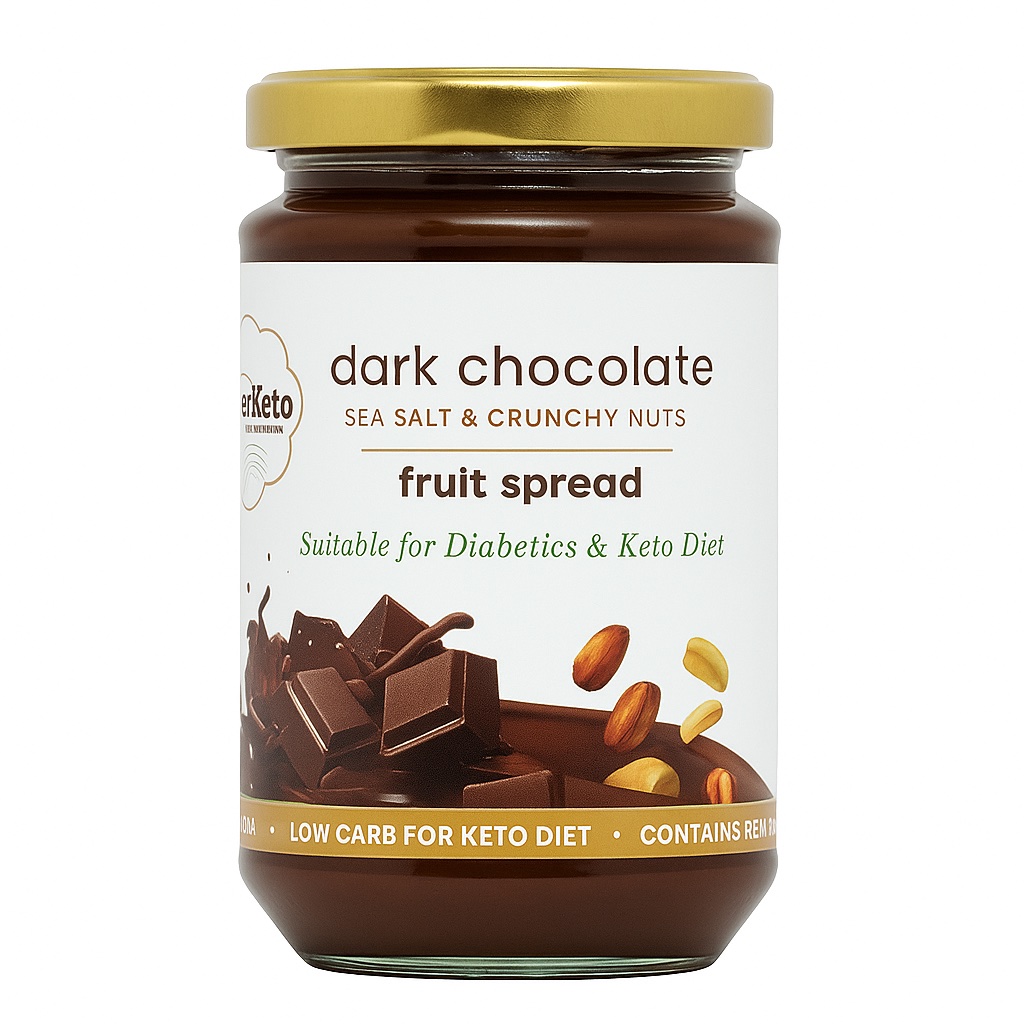 Dark chocolate spread jar with chunks of chocolate and nuts.