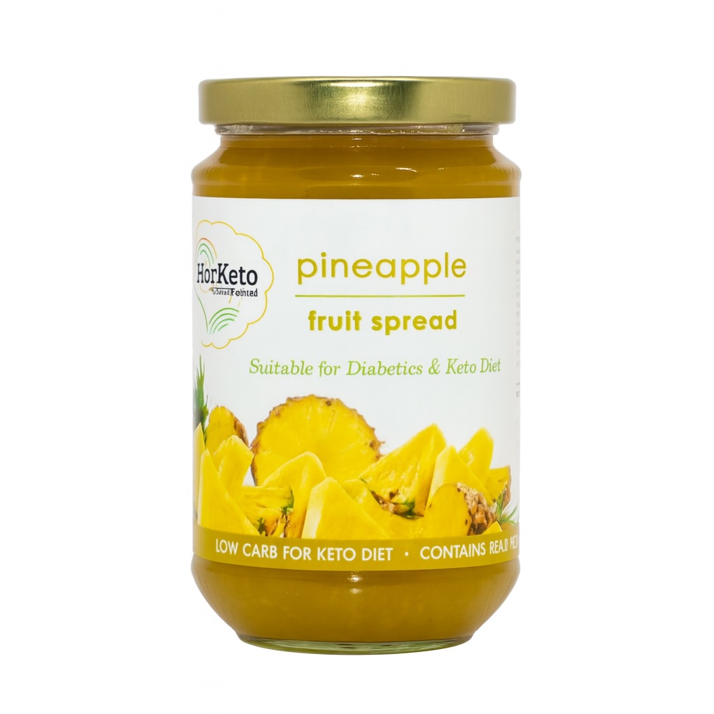 Pineapple fruit spread jar with fresh pineapple chunks.