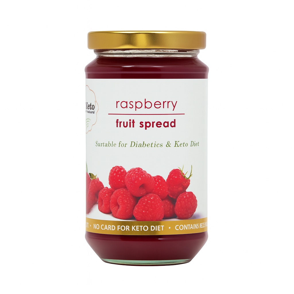 Raspberry fruit spread jar with fresh raspberries on a white background.
