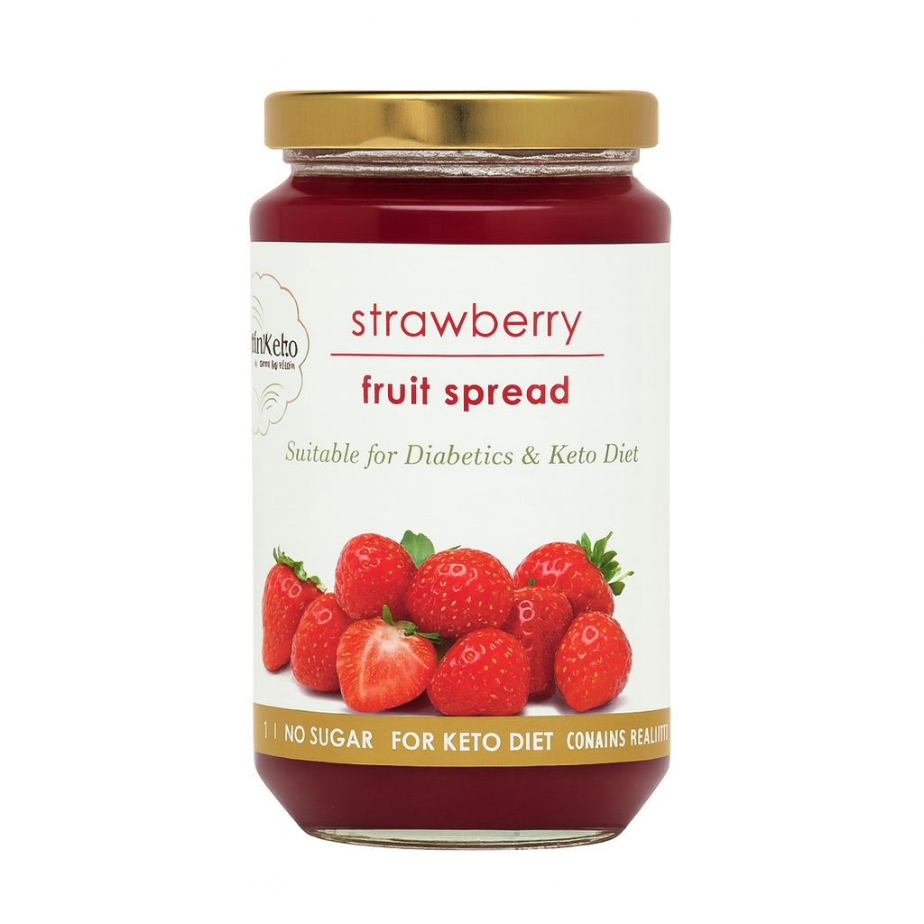 Strawberry fruit spread jar with fresh strawberries on a white background.