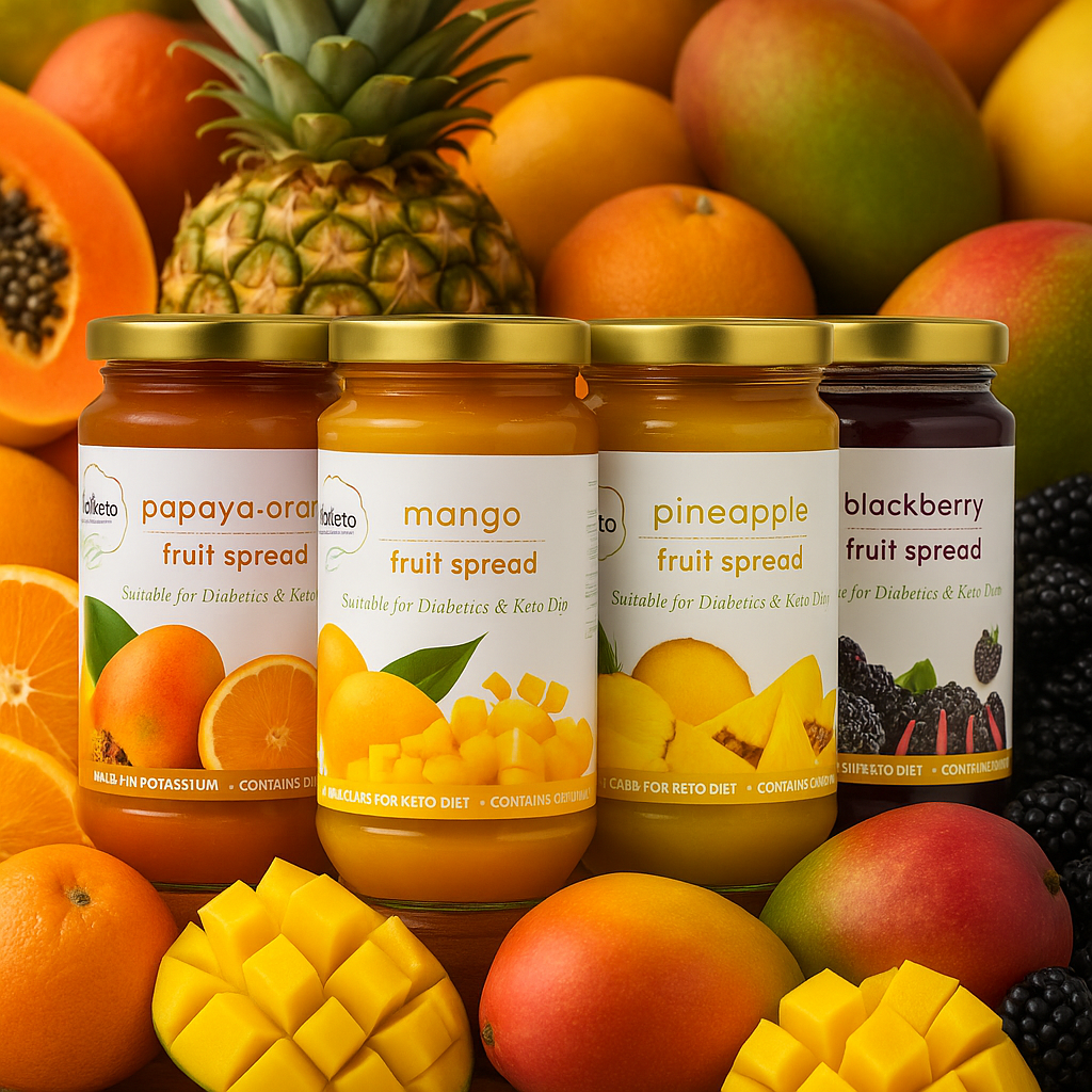 FreshMax no-sugar fruit spreads – mango, pineapple, papaya-orange, blackberry – handmade keto-friendly jam in Bali.