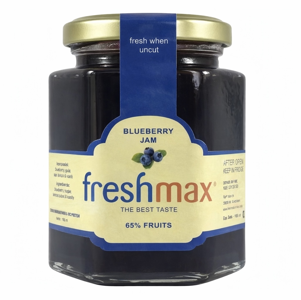 Freshmax Blueberry Sugar-Free Jam made with real blueberries in glass jar