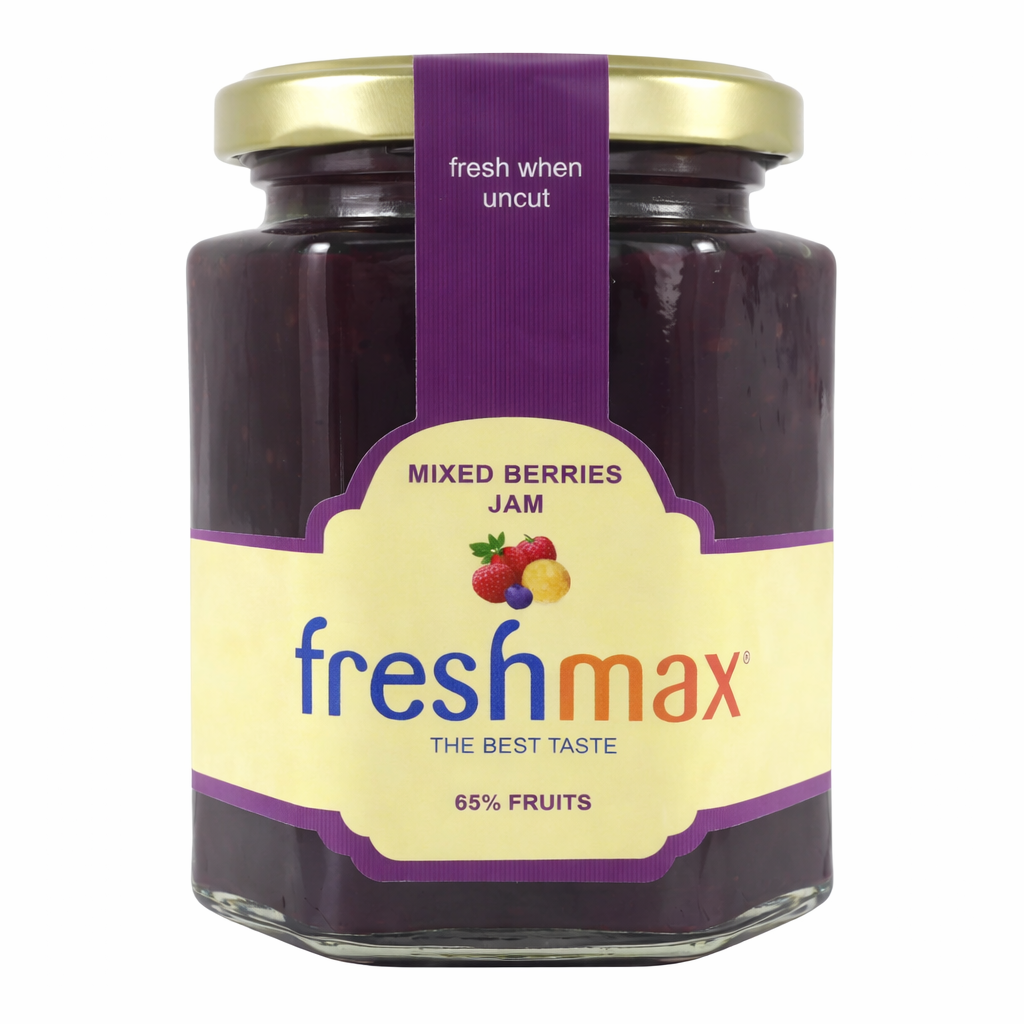 Freshmax Mixed Berries Sugar-Free Jam in glass jar with natural fruit ingredients